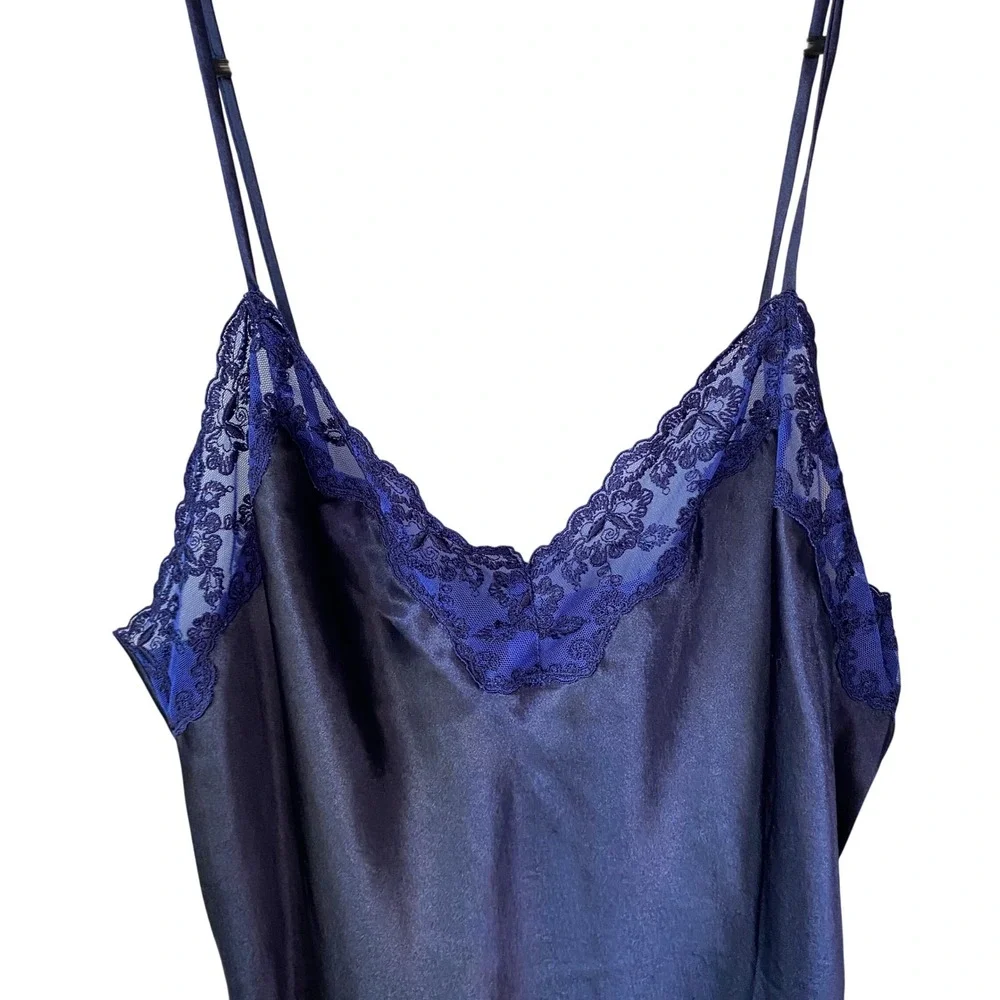 La Mouette Navy Blue Satin Lace Trim Chemise Slip‎ Dress Nightgown Medium